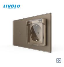 Сенсорний димер з розеткою та кришкою IP44 LIVOLO 16А 230В, із заземленням, шторки, золотий матовый, скло