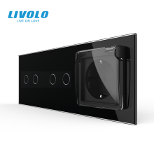 Прохідний сенсорний димер LIVOLO 4 сенсори (2-2) з розеткою IP44, кришка, чорний матовый скло, 16A 230V, заземлення