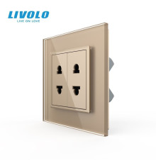 Подвійна універсальна розетка LIVOLO 2 стандарти в 1, золота, дизайнерська, настінна, скляна рамка
