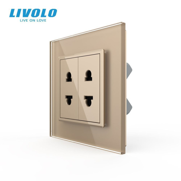 Подвійна універсальна розетка LIVOLO 2 стандарти в 1, золота, дизайнерська, настінна, скляна рамка · LIVOLO · VL-C7FCT25/FCT25-2AP
