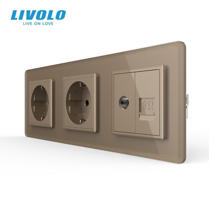 Розетка тримісна комбінована Силова Інтернет ТБ LIVOLO золота 2.5D скло · LIVOLO · VL-C7FCTC16A/FCCP/FCTV-6AS05