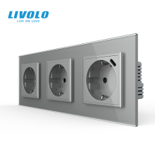 Розетка LIVOLO з USB Type-C 18Вт, із заземленням, шторки, сіра, скляна рамка, 250В 16А