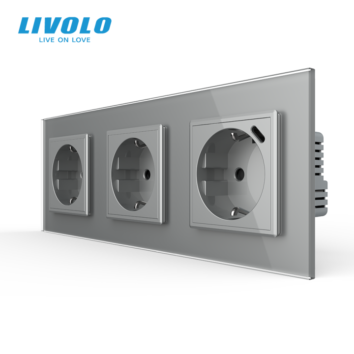 Розетка LIVOLO з USB Type-C 18Вт, із заземленням, шторки, сіра, скляна рамка, 250В 16А · LIVOLO · VL-C7FCTC16A/CTF16A.UC18W-6IP