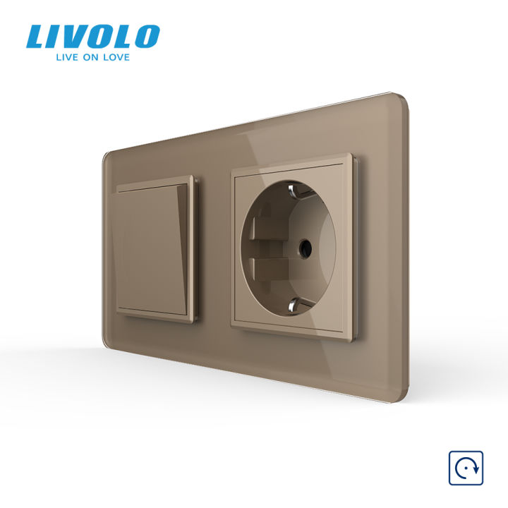 Вимикач без фіксації з розеткою LIVOLO золотий 2.5D скло, 16А 230В, із заземленням, захисні шторки · LIVOLO · VL-C7FCMH2/FCTC16A-4AS05
