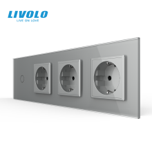 Сенсорний вимикач 1 сенсор 3 розетки LIVOLO сірий 2.5D скло