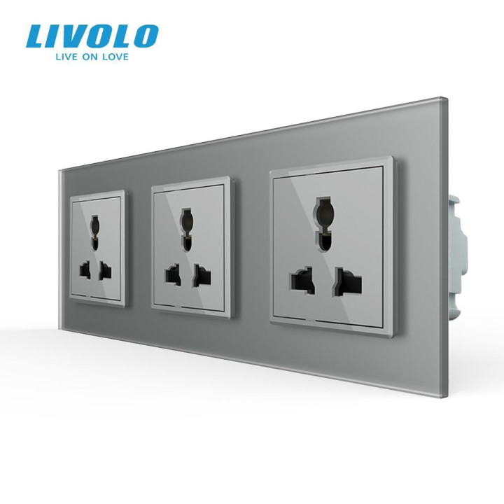 Розетка тримісна універсальна LIVOLO сіра матова скло · LIVOLO · VL-C7FCT22-6IS06