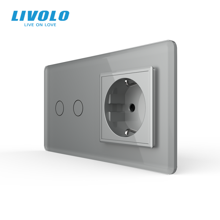 Сенсорний вимикач 2 сенсора 1 розетка LIVOLO сірий 2.5D скло · LIVOLO · VL-C7FC2/FCTC16A-4IS05