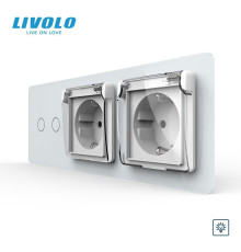 Подвійний сенсорний димер LIVOLO з двома розетками з кришкою IP44, заземлення, шторки, білий 2.5D, скло, 16A 230V
