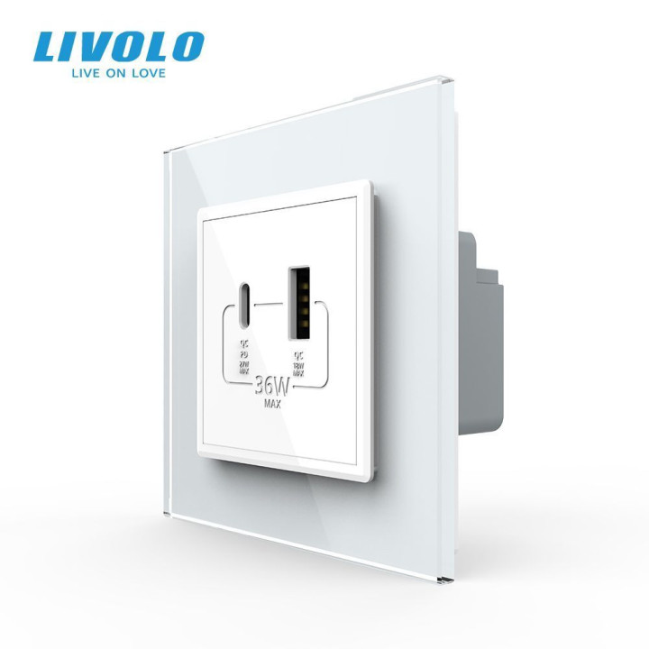 Розетка USB-A та USB-C з Power Delivery 36W Livolo білий скло (VL-C7FCUA18W.UC18W-2WP) · LIVOLO · VL-C7FCUA18W.UC18W-2WP