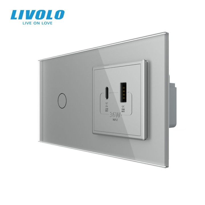 Сенсорний (дотиковий) вимикач LIVOLO з розеткою USB-A + USB-C 36Вт сірий скляна рамка · LIVOLO · VL-C7FC1/FCUA18W.UC18W-4IP