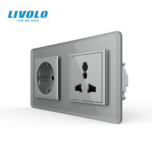 Розетка двомісна силова і універсальна LIVOLO сіра 2.5D скло
