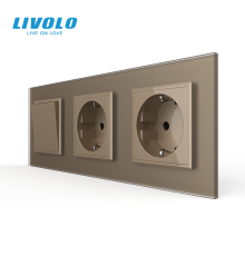 Одноклавішний вимикач з подвійною розеткою LIVOLO золотий матовий скло