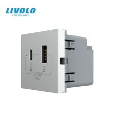 Розетка LIVOLO USB-A + USB-C PD 36Вт, сіра, швидке заряджання, Power Delivery QC 3.0, модуль (VL-FCUA18W.UC18W-2IP)