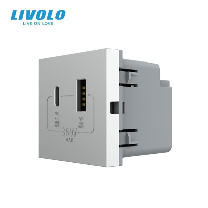 Розетка LIVOLO USB-A + USB-C PD 36Вт, сіра, швидке заряджання, Power Delivery QC 3.0, модуль (VL-FCUA18W.UC18W-2IP) · LIVOLO · VL-FCUA18W.UC18W-2IPS24