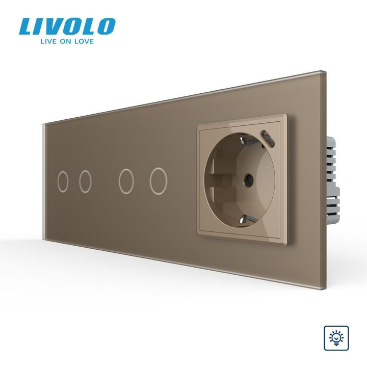 Сенсорний димер LIVOLO 4 сенсори (2-2) з розеткою з USB Type-C 18Вт, золотий матовый скло, 16A 230V, заземлення · LIVOLO · VL-C7FC2D/FC2D/FCTF16A.UC18W-6AS06