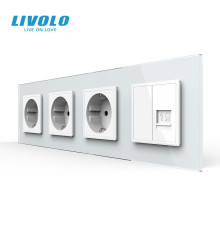 Розетка чотиримісна комбінована Силова Інтернет LIVOLO біла 2.5D скло