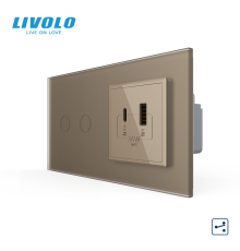 Сенсорний (дотиковий) прохідний подвійний вимикач LIVOLO з розеткою USB-A + USB-C 36 Вт золотий матовый скляна рамка