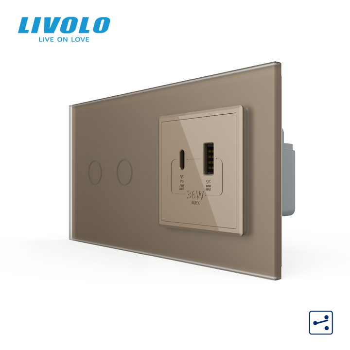 Сенсорний (дотиковий) прохідний подвійний вимикач LIVOLO з розеткою USB-A + USB-C 36 Вт золотий матовый скляна рамка · LIVOLO · VL-C7FC2S/FCUA18W.UC18W-4AS06