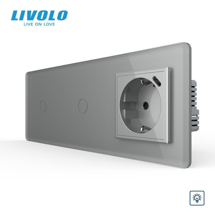 Сенсорний димер LIVOLO 2 сенсори (1-1) з розеткою з USB Type-C 18Вт, 16A 230V, заземлення, сірий 2.5D скло · LIVOLO · VL-C7FC1D/FC1D/FCTF16A.UC18W-6IS05