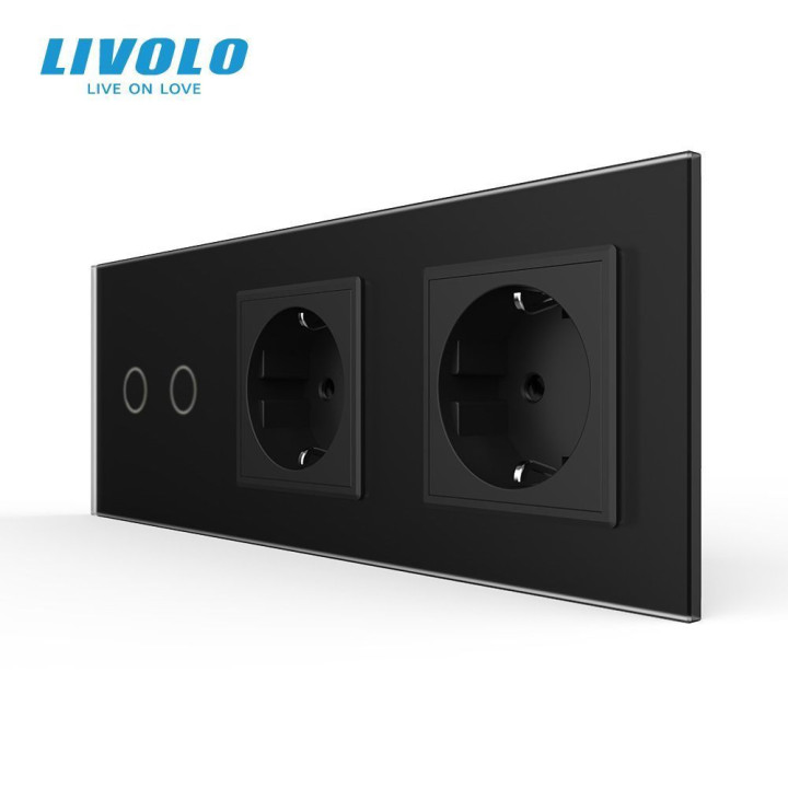 Сенсорний вимикач 2 сенсора 2 розетки LIVOLO чорний матовий скляний · LIVOLO · VL-C7FC2/FCTC16A/FCTC16A-6BS06