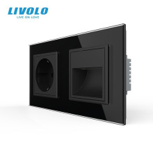 Розетка-світильник LIVOLO для сходів і коридору, 2700K, 230В, 0.35Вт, чорна, скляна рамка · LIVOLO · VL-C7FCTC16A/FCL1-4BP
