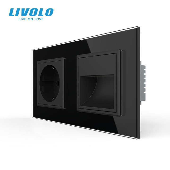 Розетка-світильник LIVOLO для сходів і коридору, 2700K, 230В, 0.35Вт, чорна, скляна рамка · LIVOLO · VL-C7FCTC16A/FCL1-4BP