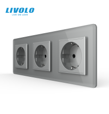 Потрійна електрична розетка з заземленням LIVOLO, сіра, скляна 2.5D рамка, шторки, 250В 16А