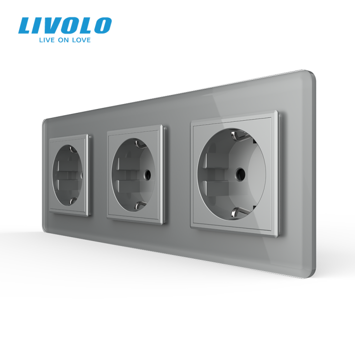 Потрійна електрична розетка з заземленням LIVOLO, сіра, скляна 2.5D рамка, шторки, 250В 16А · LIVOLO · VL-C7FCTC16A-6IS05