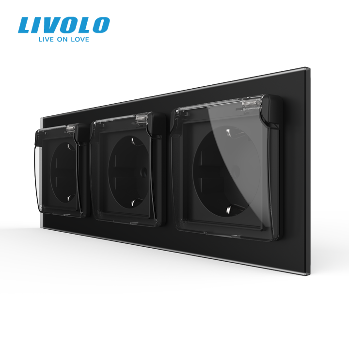 Потрійна електрична розетка вологозахисна з кришкою IP44 з заземленням, LIVOLO, чорна, скляна матова рамка, шторки, 250В 16А · LIVOLO · VL-C7FCTC16A/FCTC16A/FCTC16A/XW001-6BS06
