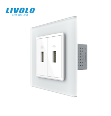 Розетка подвійна USB з блоком живлення LIVOLO біла матова скло