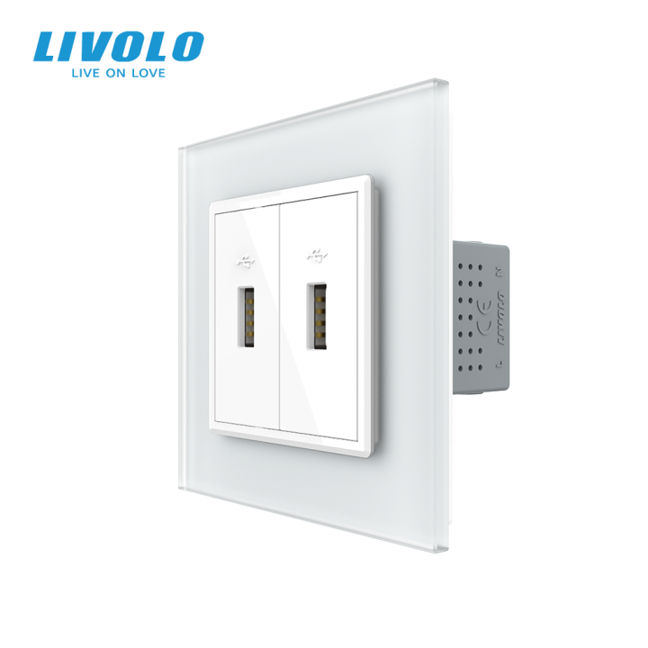 Розетка подвійна USB з блоком живлення LIVOLO біла матова скло · LIVOLO · VL-C7FCUA/FCUA-2WS06