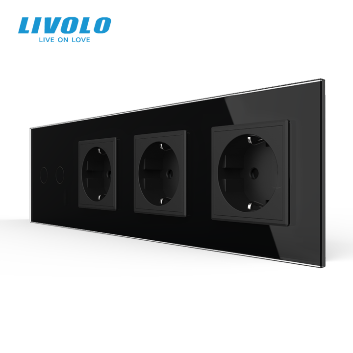 Сенсорний вимикач 2 сенсора 3 розетки Livolo чорний скло (VL-C702/C7C3EU-12) · LIVOLO · VL-C702/C7C3EU-12