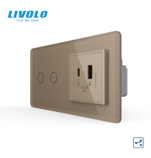 Сенсорний (дотиковий) прохідний подвійний вимикач LIVOLO з розеткою USB-A + USB-C 36 Вт золотий 2.5D скляна рамка
