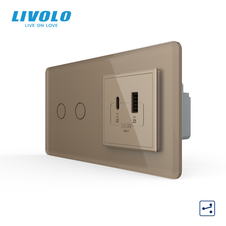 Сенсорний (дотиковий) прохідний подвійний вимикач LIVOLO з розеткою USB-A + USB-C 36 Вт золотий 2.5D скляна рамка · LIVOLO · VL-C7FC2S/FCUA18W.UC18W-4AS05
