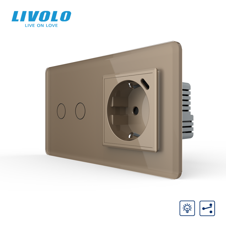 Прохідний сенсорний димер LIVOLO на 2 сенсори з розеткою та USB Type-C 18Вт, золотий 2.5D, заземлення · LIVOLO · VL-C7FC2SD/FCTF16A.UC18W-4AS05