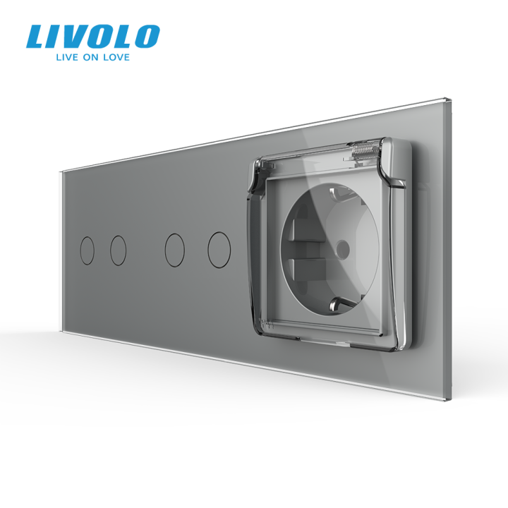 Прохідний сенсорний димер LIVOLO 4 сенсори (2-2) з розеткою IP44, кришка, сірий скло, 16A 230V, заземлення · LIVOLO · VL-C7FC2SD/FC2SD/FCTC16A/XW001-6IP