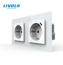 Подвійна розетка LIVOLO з USB Type-C 18Вт, із заземленням, шторки, біла, скляна рамка, 250В, 16А