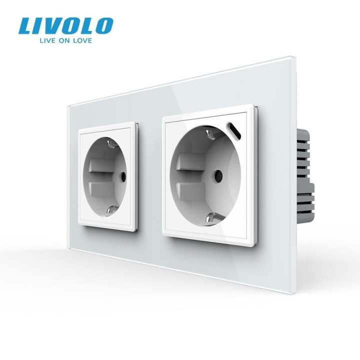 Подвійна розетка LIVOLO з USB Type-C 18Вт, із заземленням, шторки, біла, скляна рамка, 250В, 16А · LIVOLO · VL-C7FCTC16A/CTF16A.UC18W-4WP