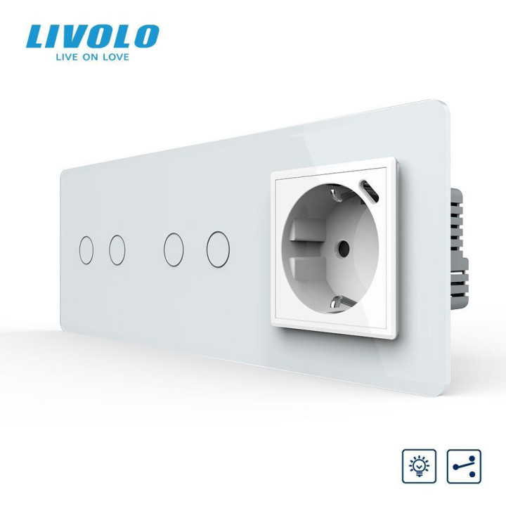 Прохідний сенсорний димер LIVOLO 4 сенсори (2-2) з розеткою з USB Type-C 18Вт, білий 2.5D скло, заземлення · LIVOLO · VL-C7FC2SD/FC2SD/FCTF16A.UC18W-6WS05