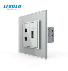 Розетка універсальна з USB розеткою Livolo сірий скло (VL-C7C1AUSB-15)
