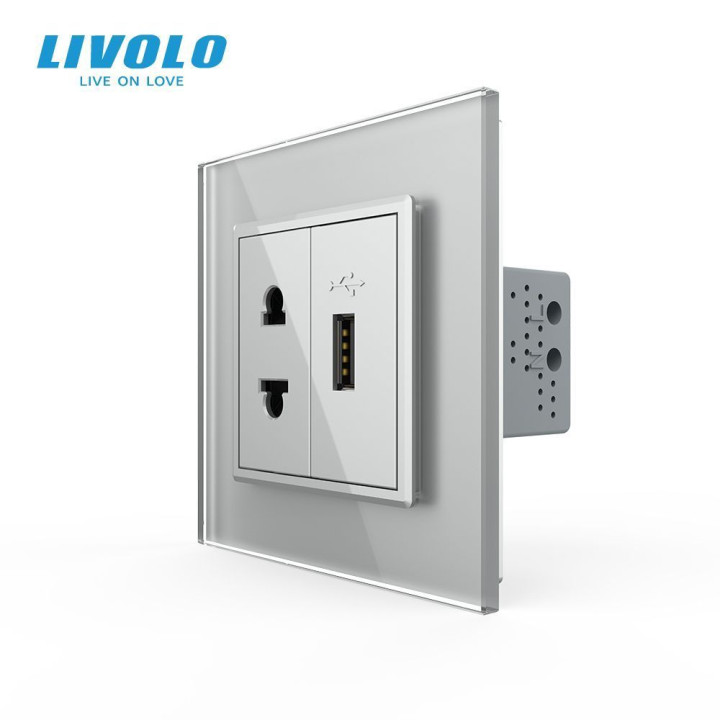 Розетка універсальна з USB розеткою Livolo сірий скло (VL-C7C1AUSB-15) · LIVOLO · VL-C7FCT25/FCUA-2IP