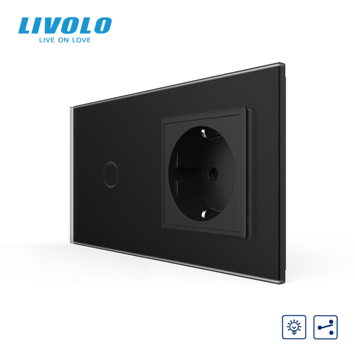 Сенсорний прохідний димер з розеткою LIVOLO 16А 230В із заземленням, шторки, чорний матовый, скло · LIVOLO · VL-C7FC1SD/FCTC16A-4BS06