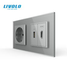 Розетка LIVOLO з USB 10Вт, інтернет портом RJ-45 і HDMI, сіра, настінна дизайнерська, скляна рамка