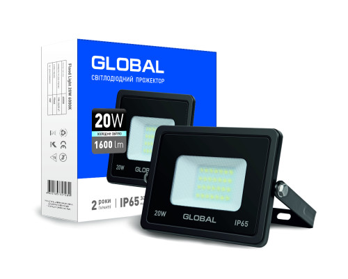 Прожектор Global 20W 6000К (гартоване скло, IP65)