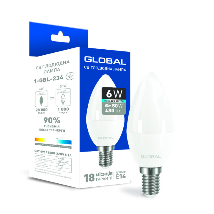 Світлодіодна лампа Global C37 CL-F 6W яскраве світло E14 · GLOBAL · svitlodiodna-lampa-global-c37-cl-f-6w-jaskrave-svitlo-e14