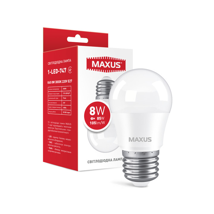 Лампа світлодіодна G45 8W 3000K 220V E27 1-LED-747 · MAXUS · lampa-svitlodiodna-g45-8w-3000k-220v-e27-1-led-747
