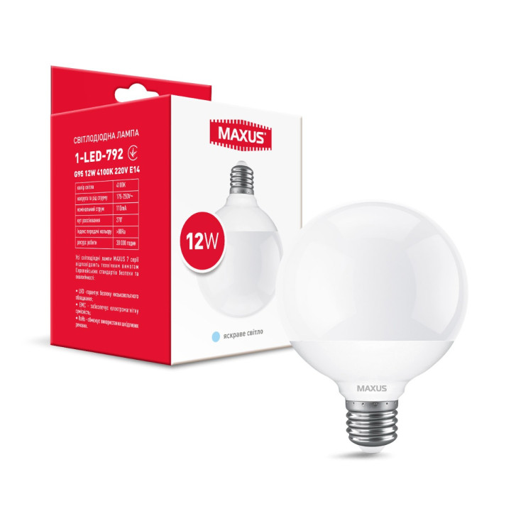Лампа світлодіодна G95 12W 4100K 220V E27 · MAXUS · lampa-svitlodiodna-g95-12w-4100k-220v-e27