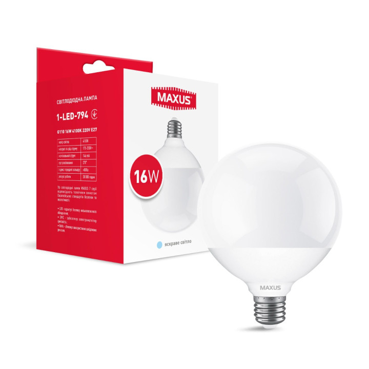 Лампа світлодіодна G110 16W 4100K 220V E27 · MAXUS · lampa-svitlodiodna-g110-16w-4100k-220v-e27