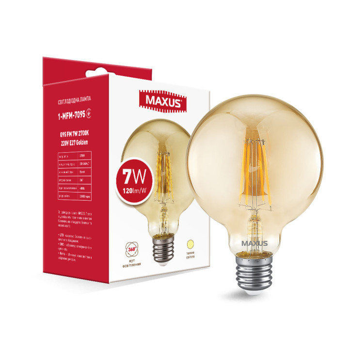 Лампа світлодіодна G95 FM 7W 2700K 220V E27 Golden · MAXUS · lampa-svitlodiodna-g95-fm-7w-2700k-220v-e27-golden