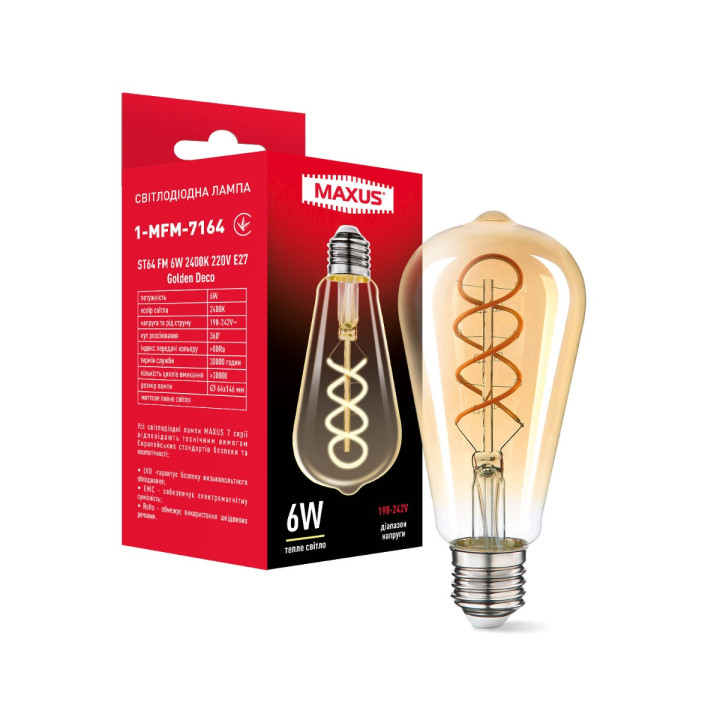 Лампа світлодіодна філаментна ST64 FM 6W 2400K 220V E27 Golden Deco · MAXUS · maxus-1-mfm-7164